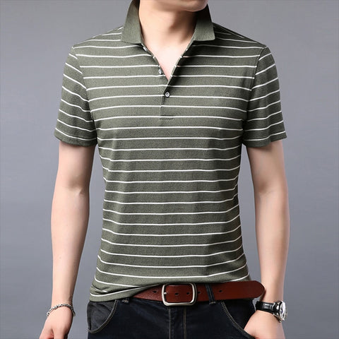 iSurvivor 2019 Men Short Sleeved Summer Striped T Shirts Male Casual Fashion Slim Fit Turn Down Collar Business Casual T Shirts