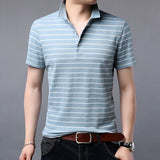iSurvivor 2019 Men Short Sleeved Summer Striped T Shirts Male Casual Fashion Slim Fit Turn Down Collar Business Casual T Shirts